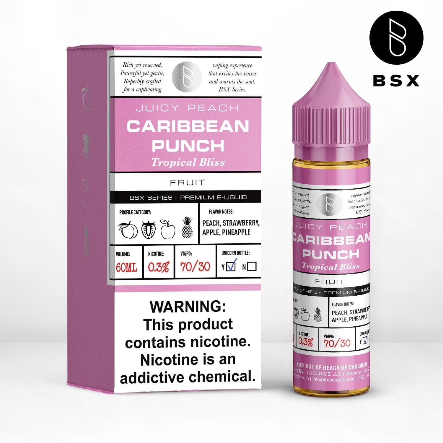Caribbean Punch BSX Series e-liquid bottle by BSX Vapor, 60mL with tropical fruit flavor and colorful label