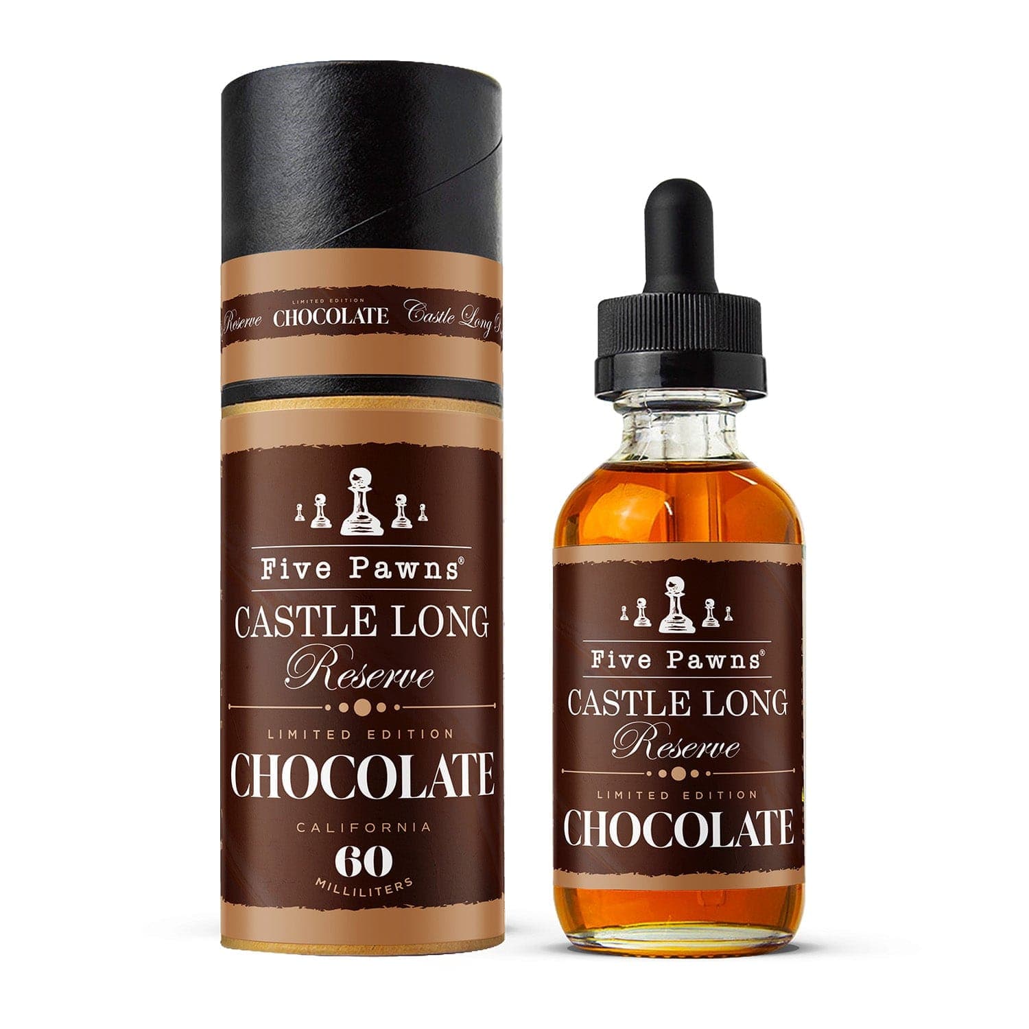 Castle Long Reserve Limited Chocolate Edition e-liquid by Five Pawns in a 60mL bottle with rich chocolate flavor.