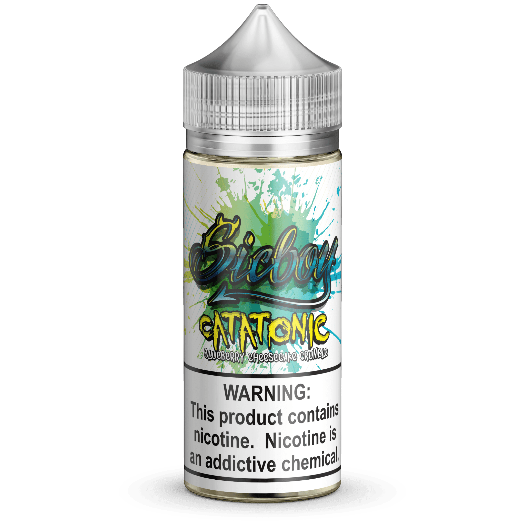 Sicboy Catatonic e-liquid 100mL bottle with colorful label, featuring bold graphics and branding for vaping enthusiasts.