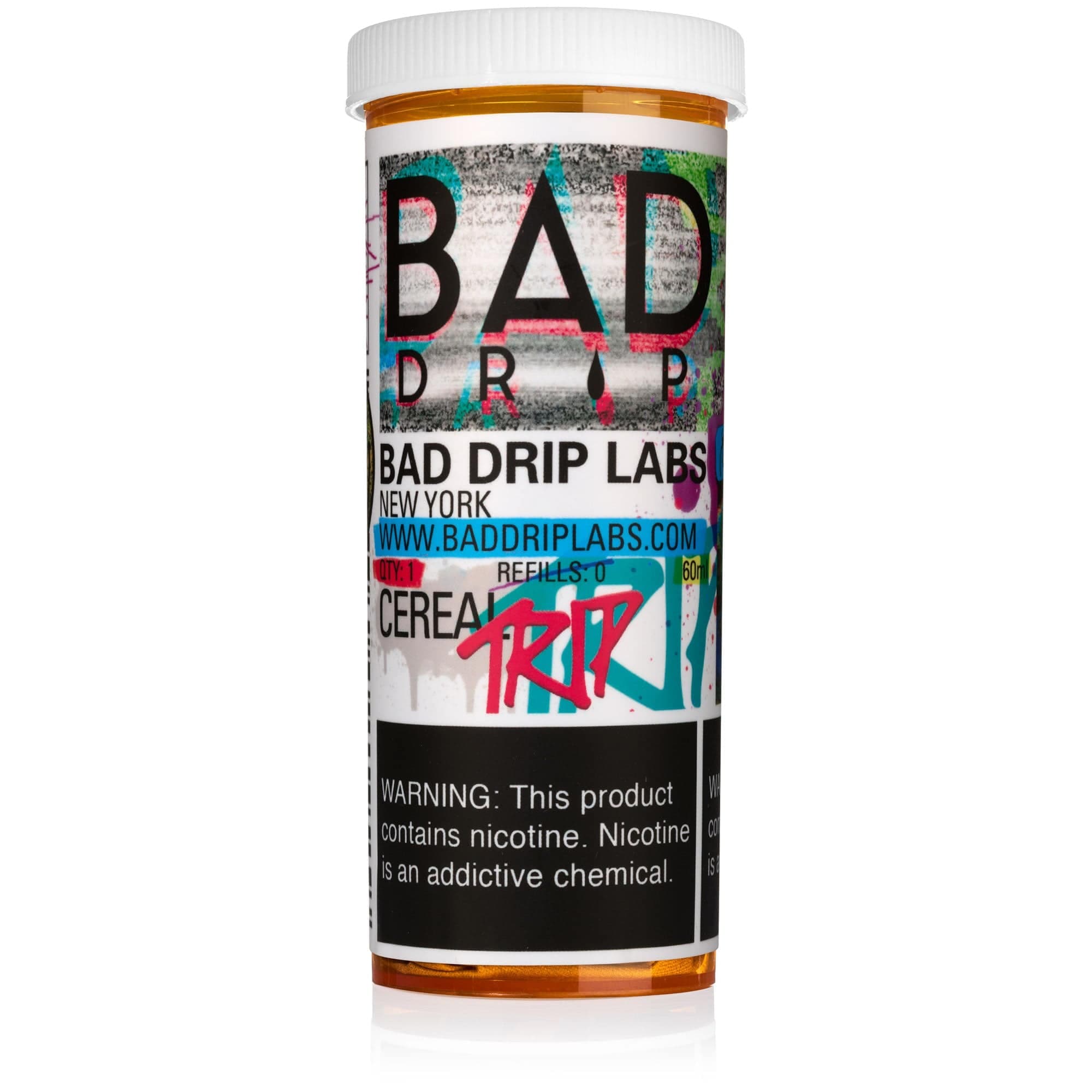 Bottle of Cereal Trip Bad Drip Labs e-liquid 60mL with colorful cereal-inspired label and packaging.