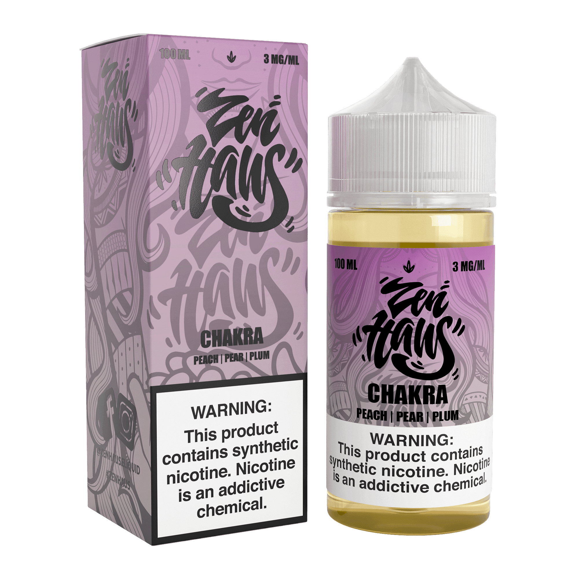 Zen Haus Chakra vape juice 100mL bottle with 3mg nicotine, featuring vibrant chakra-inspired branding and colorful label design.