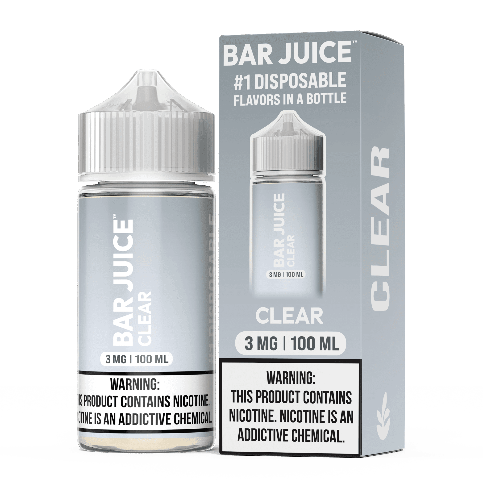 Clear Bar Juice 100mL e-liquid bottle, transparent packaging, featuring the Bar Juice brand label and product information.