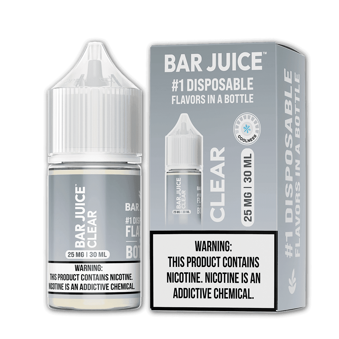Clear SALT Bar Juice 30mL e-liquid bottle featuring a transparent design and vibrant label for vaping enjoyment.