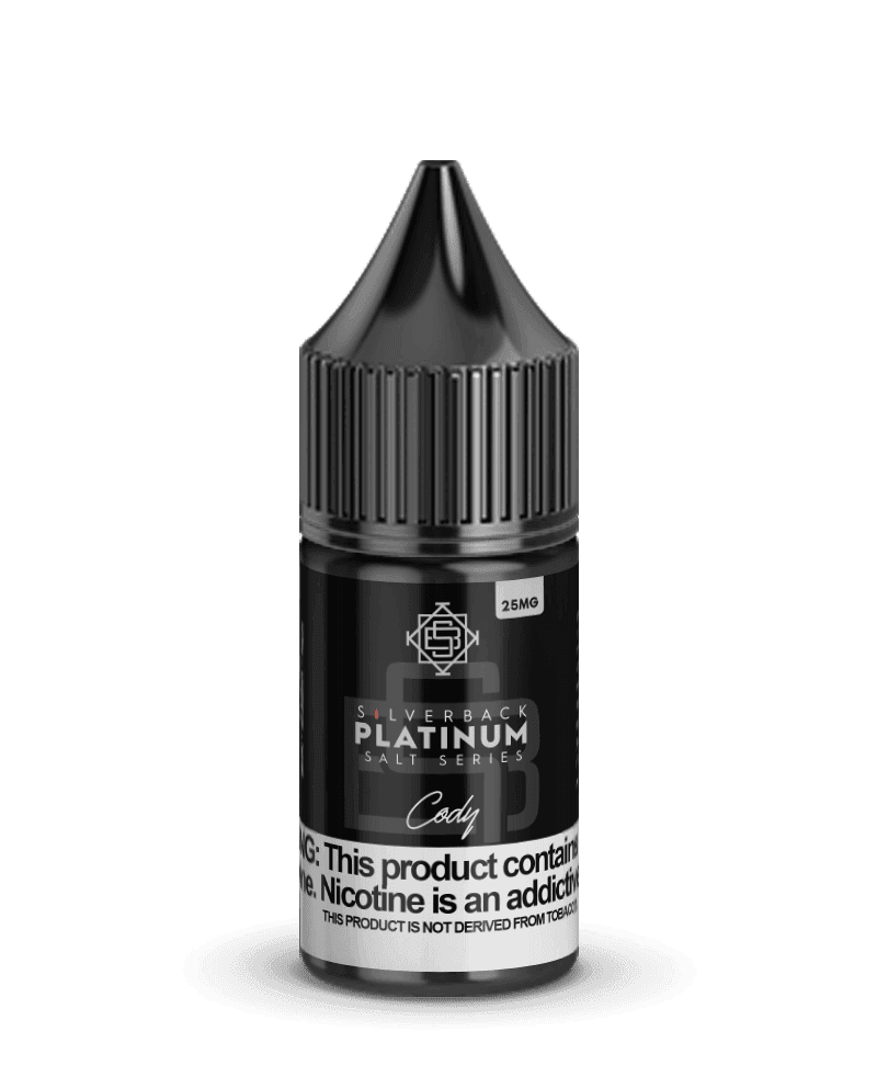 Silverback Juice Co. Cody SALT Silverback Platinum Series 30mL e-liquid bottle with sleek silver packaging.