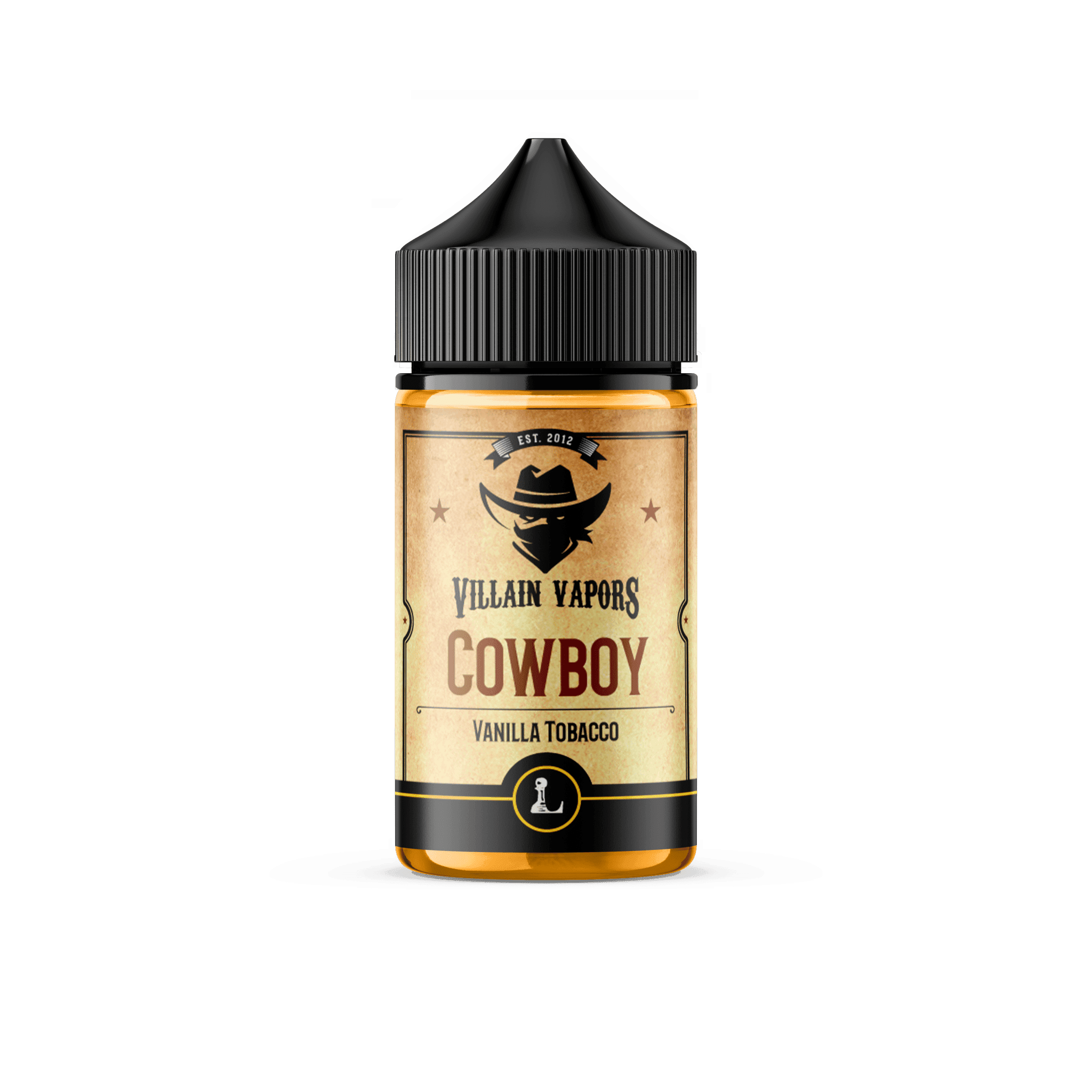 Bottle of Cowboy Villain Vapors E-liquid by Five Pawns in a 60mL glass dropper bottle with label showing branding and flavor details.