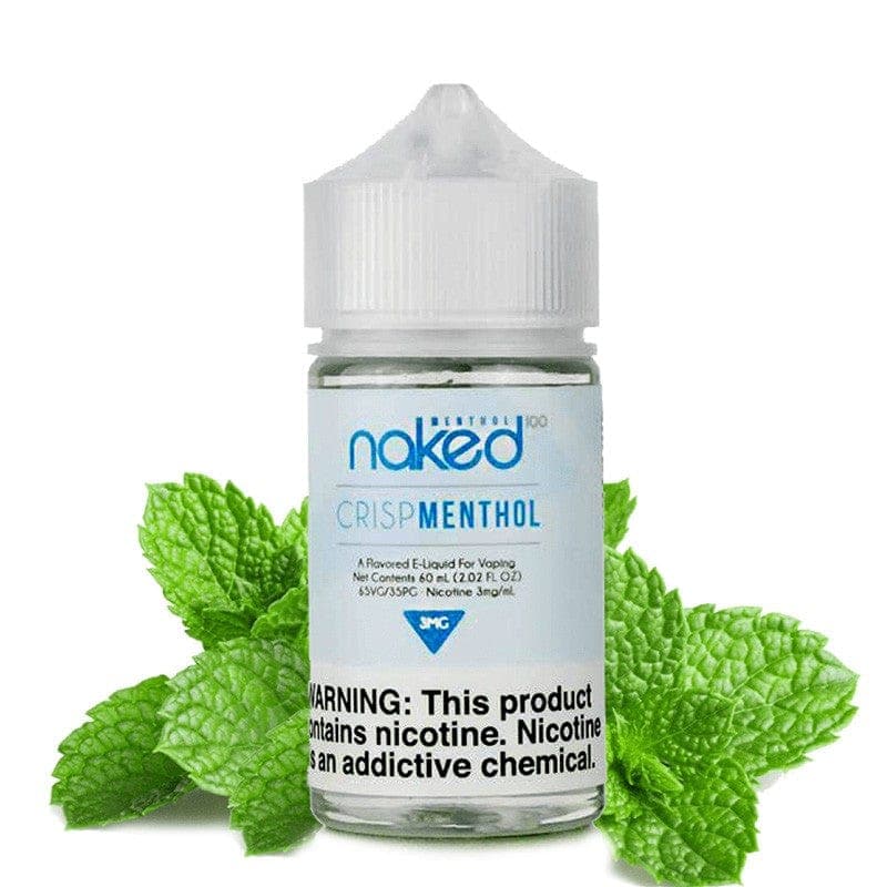 Bottle of Naked 100 Crisp Menthol e-liquid in 60mL bottle with vibrant label, featuring cool mint and menthol design.