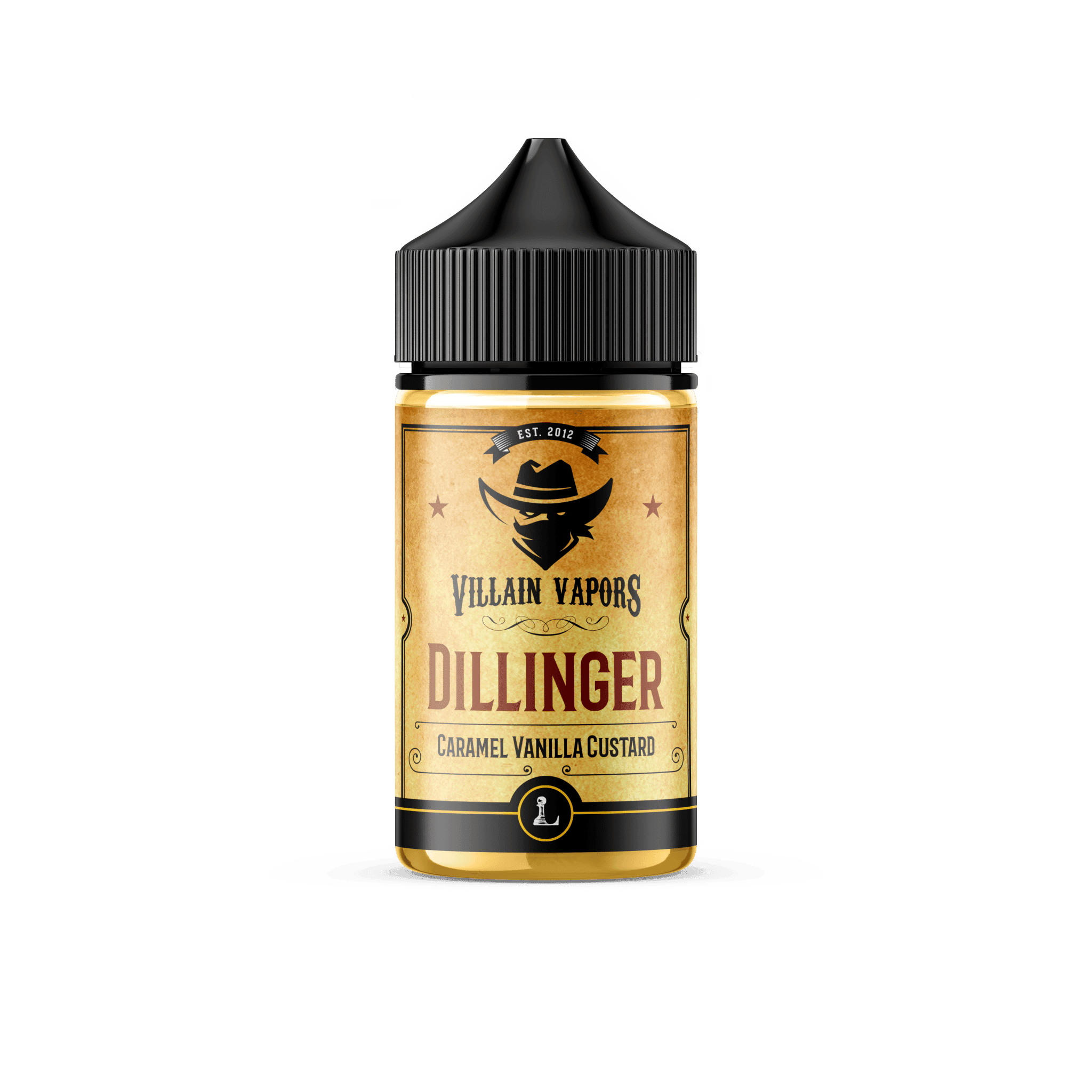 Dillinger Villain Vapors e-liquid bottle, 60mL, with colorful label and branding for Five Pawns vape product.