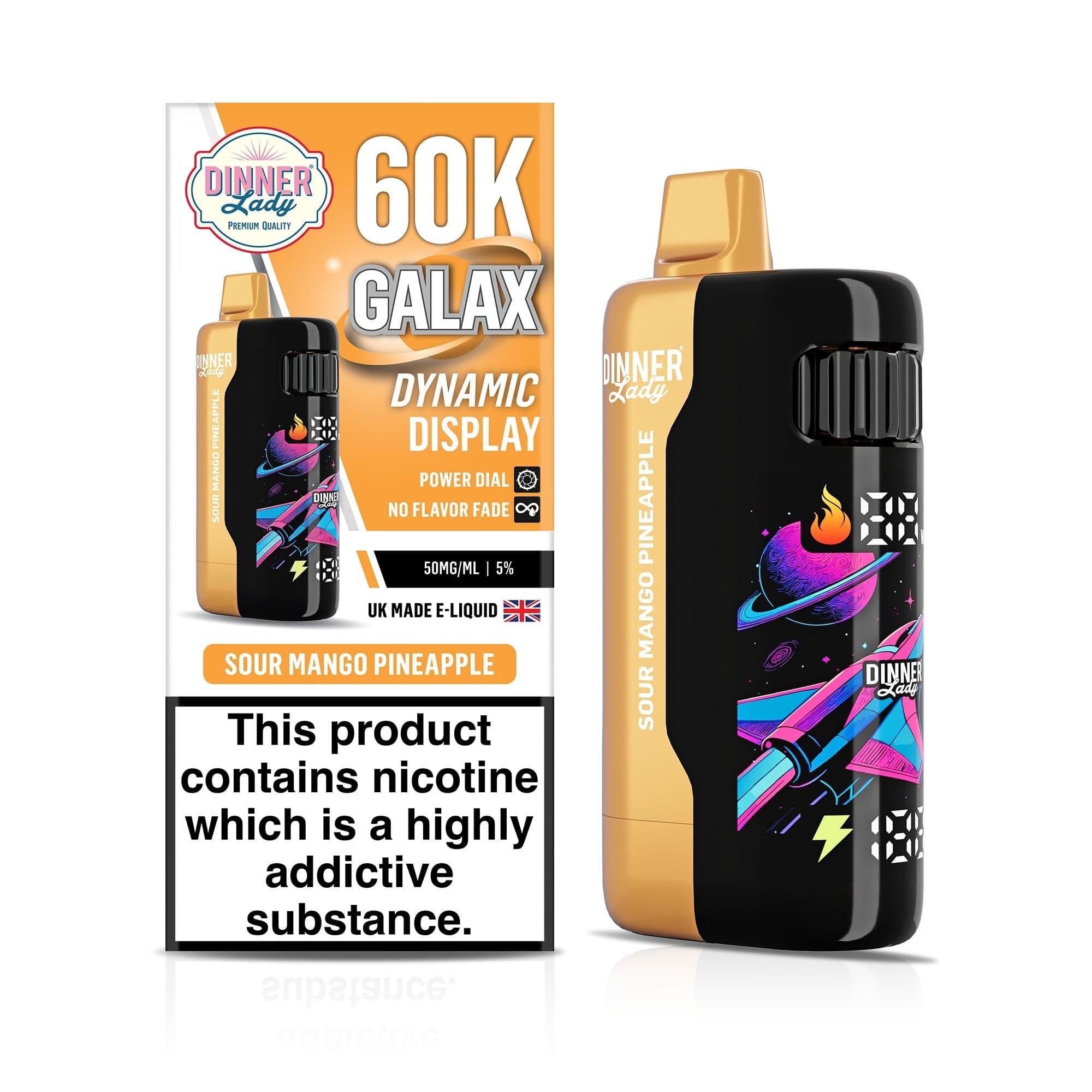 Dinner Lady Galax 60K disposable vape device with colorful design and sleek cylindrical shape.