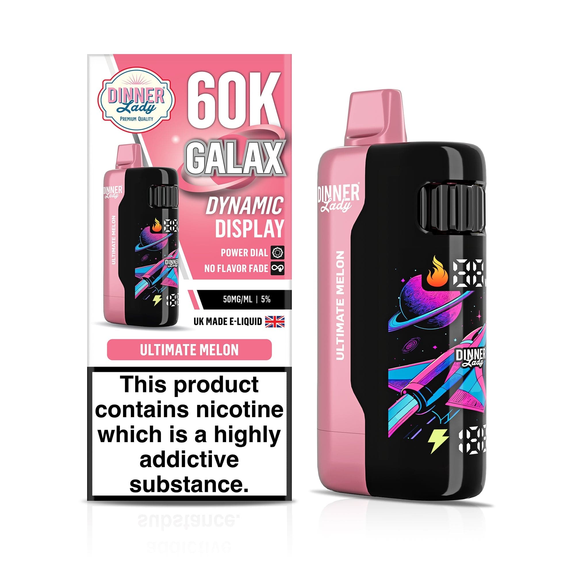 Dinner Lady Galax 60K disposable vape pen with sleek design and colorful branding, compact and portable for on-the-go vaping.