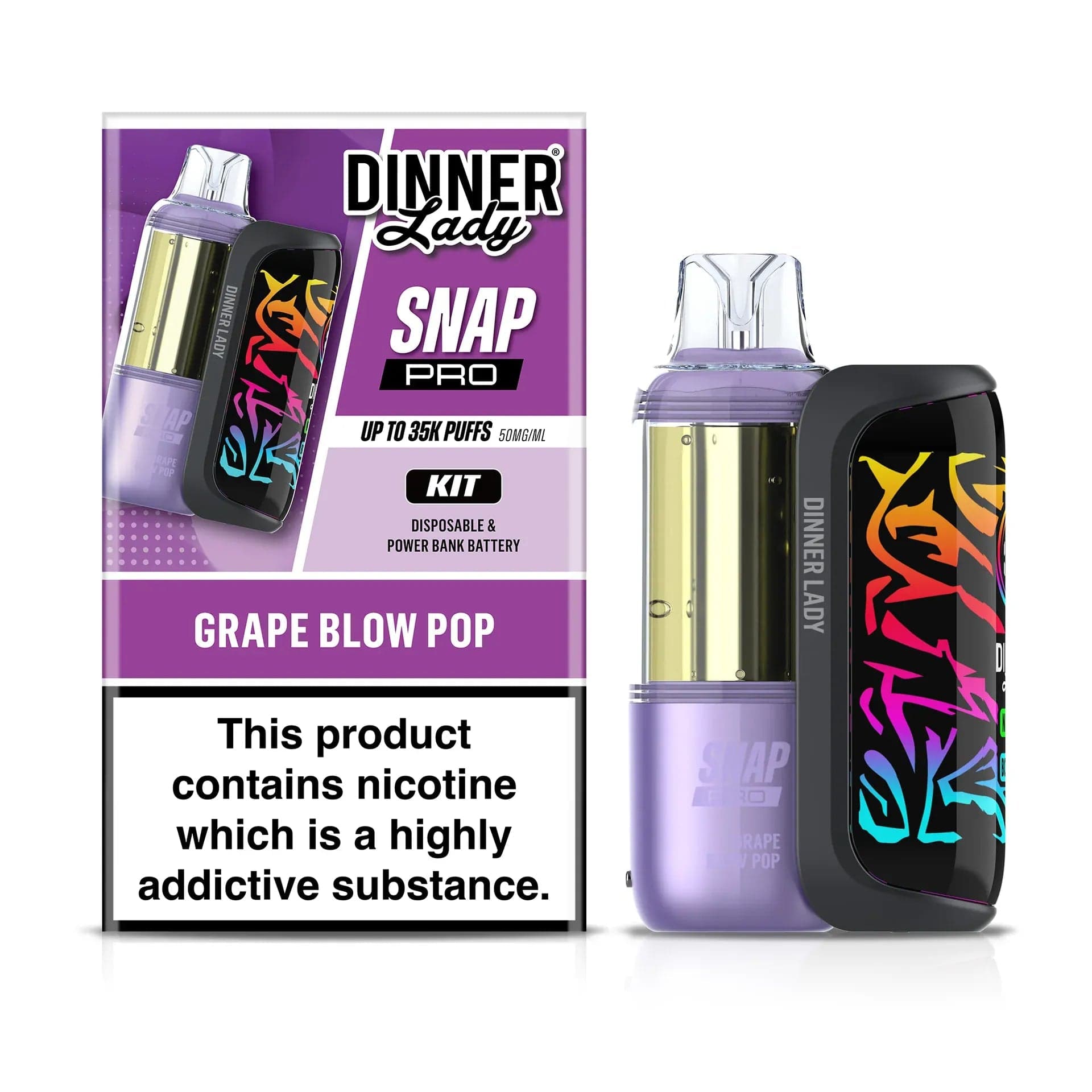 Dinner Lady Snap Pro 35K disposable vape kit with sleek design and colorful branding, ready for vaping use.