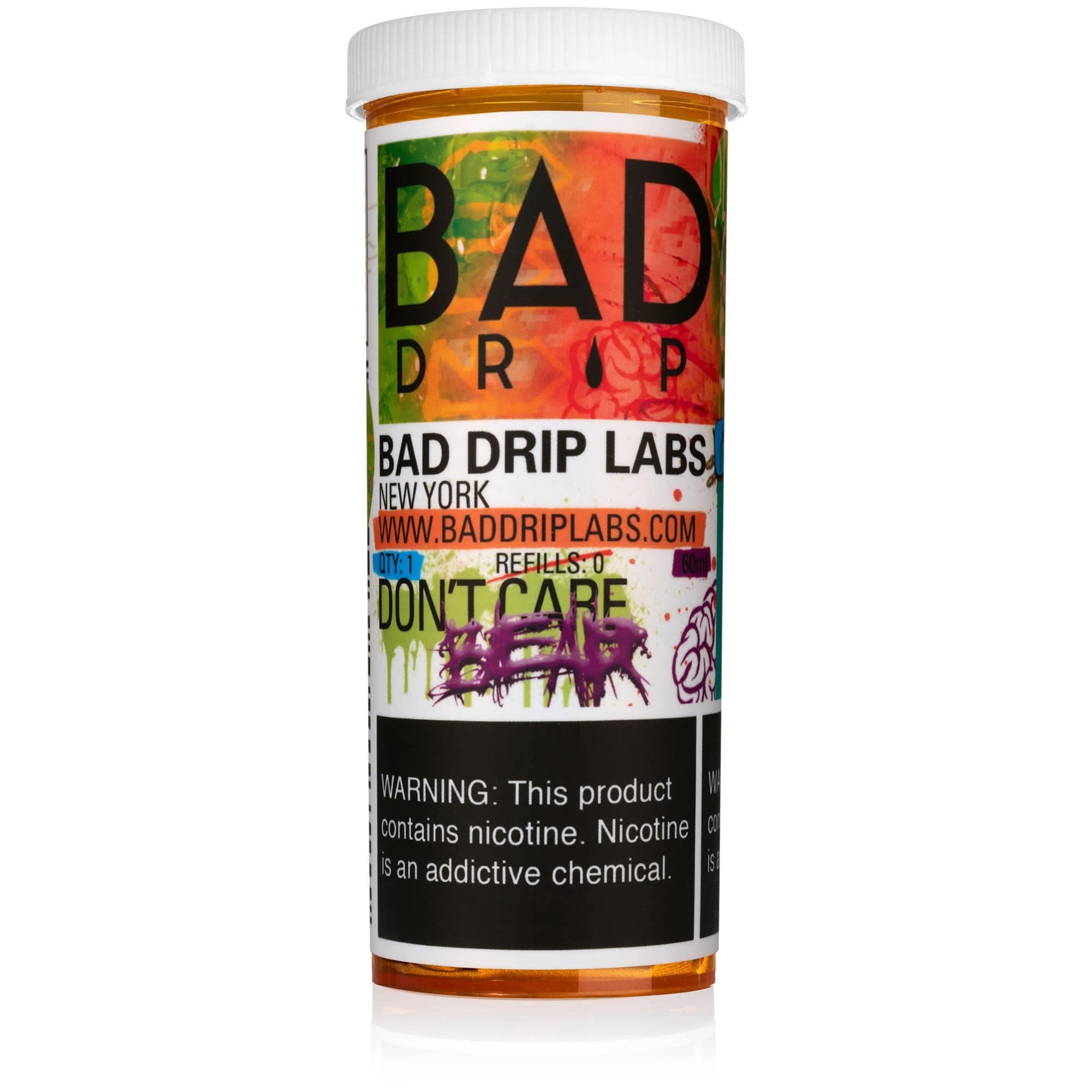 Don’t Care Bear e-liquid by Bad Drip Labs in 60mL bottle, featuring colorful bear illustration and vibrant label design.