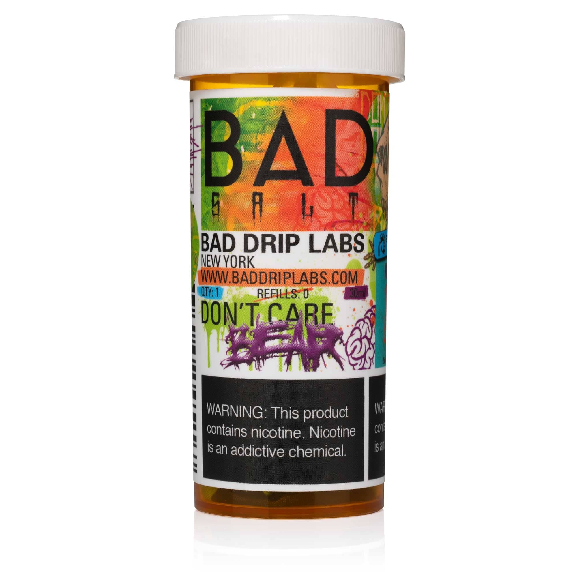 Don't Care Bear SALT e-liquid by Bad Drip Labs, 30mL bottle featuring colorful bear illustration and bold branding.