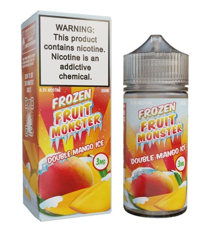 Double Mango ICE Fruit Monster e-liquid in 100mL bottle with vibrant mango and icy flavor imagery.