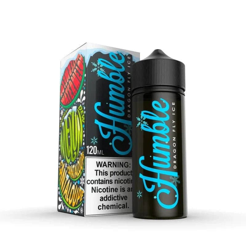 Dragon Fly ICE e-liquid by Humble Juice Co. in a 120mL bottle, featuring a vibrant dragonfly design and colorful branding.