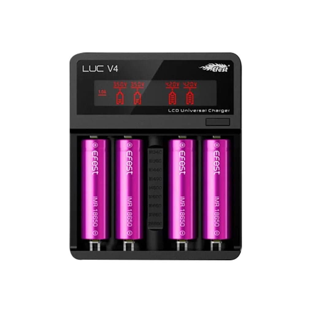 eFest LUC V4 4-bay LCD battery charger for 18650 vape batteries, showing display screen and charging ports
