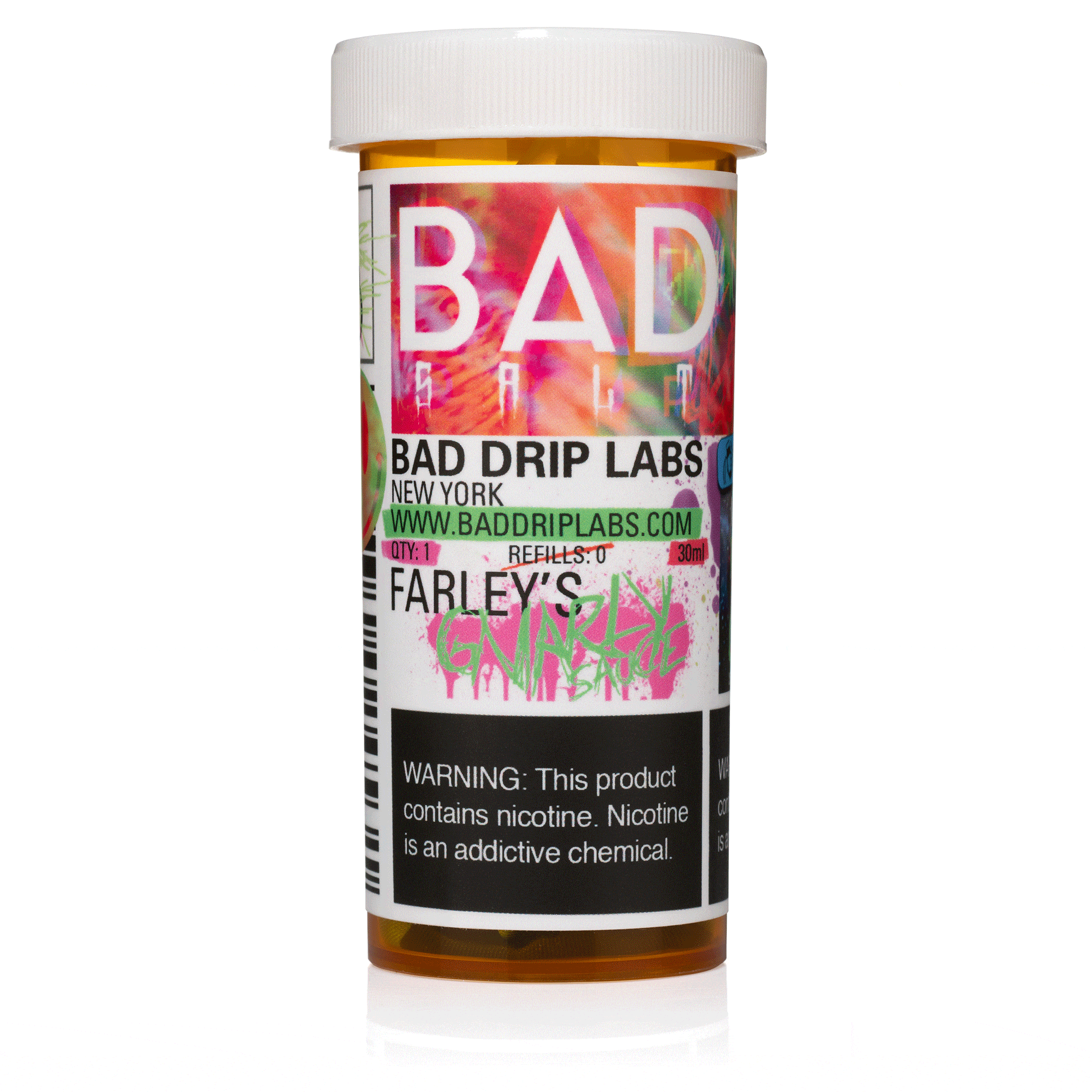 Bottle of Farley's Gnarly Sauce SALT e-liquid by Bad Drip Labs in a 30mL bottle with a colorful label and cap.