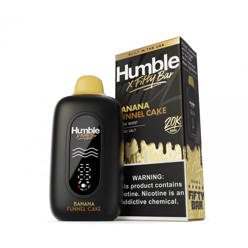 Fifty Bar 20K disposable vape in Banana Funnel Cake flavor, showing the sleek device with colorful packaging.