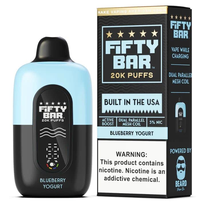Fifty Bar 20K disposable vape pen with sleek design and mouthpiece, designed for easy use and portability.