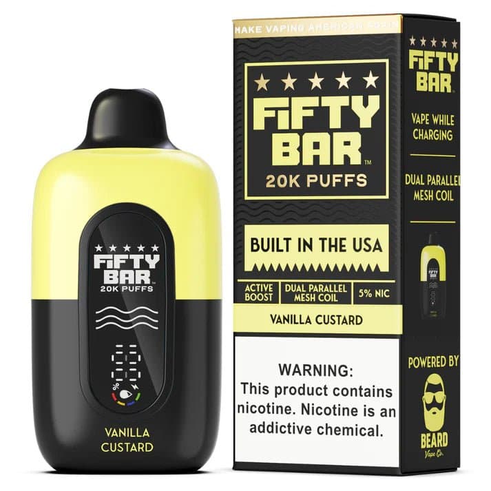 Fifty Bar 20K Disposable Vape device with sleek design and colorful branding, showing the portable, single-use vape in vibrant packaging.