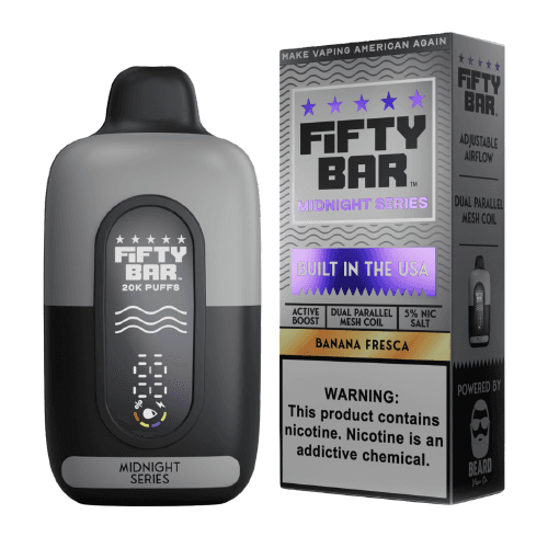 Banana Fresca Fifty Bar 20K Midnight Series Disposable Vape next to its packaging.
