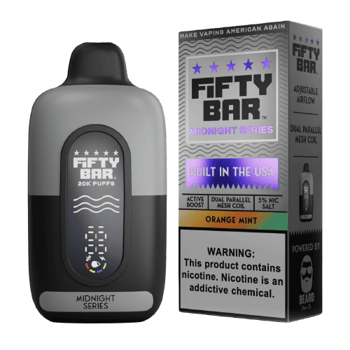 Orange Mint Fifty Bar 20K Midnight Series Disposable Vape next to its packaging.