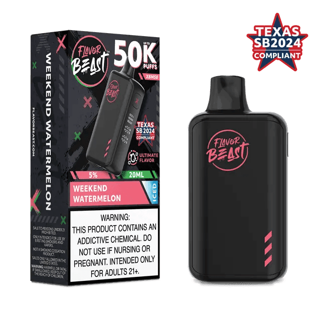 Flavor Beast XBM50 50K disposable vape device with sleek design and colorful branding, designed for easy, on-the-go vaping.
