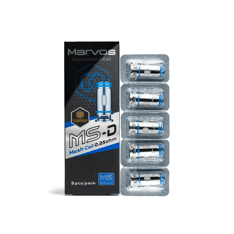 FreeMax Marvos MS-D replacement coils for vape devices, showing a pack of compatible vape coils with branding and packaging details.