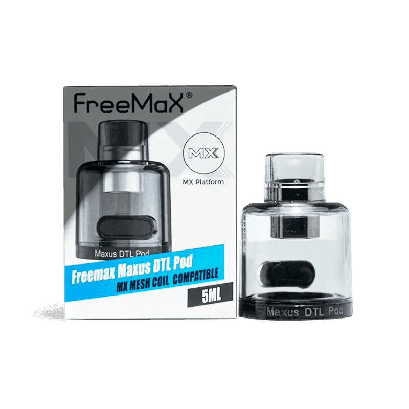 FreeMax Maxus DTL replacement pod for electronic vaping device, featuring clear construction and adjustable airflow system.