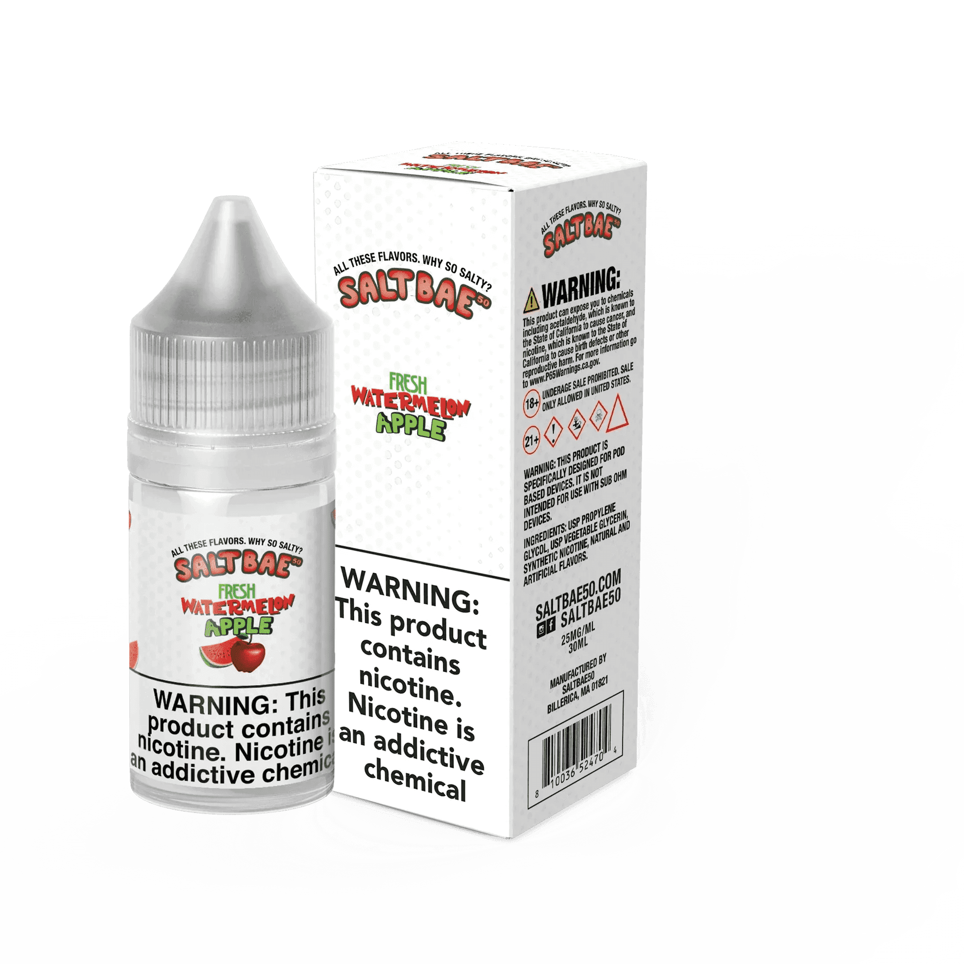 Salt Bae Fresh Watermelon Apple Salt E-liquid bottle, 30mL, flavorful blend of watermelon and apple in a compact bottle.