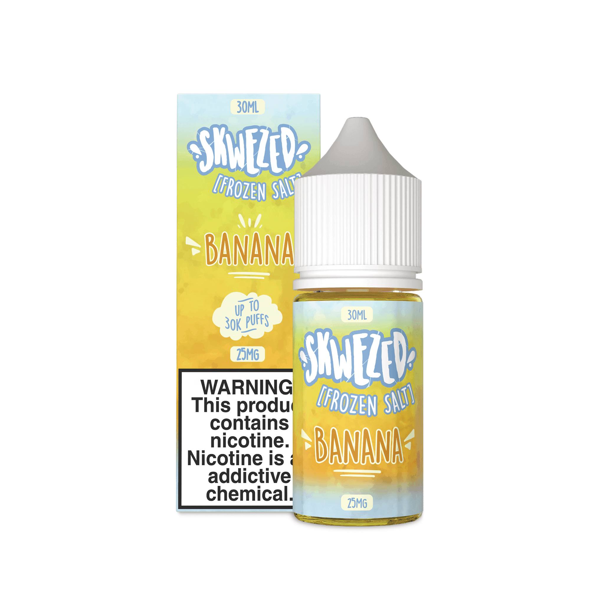 Skwezed Frozen Banana Nicotine Salt e-liquid in 30mL bottle with icy banana flavor, ideal for vaping.