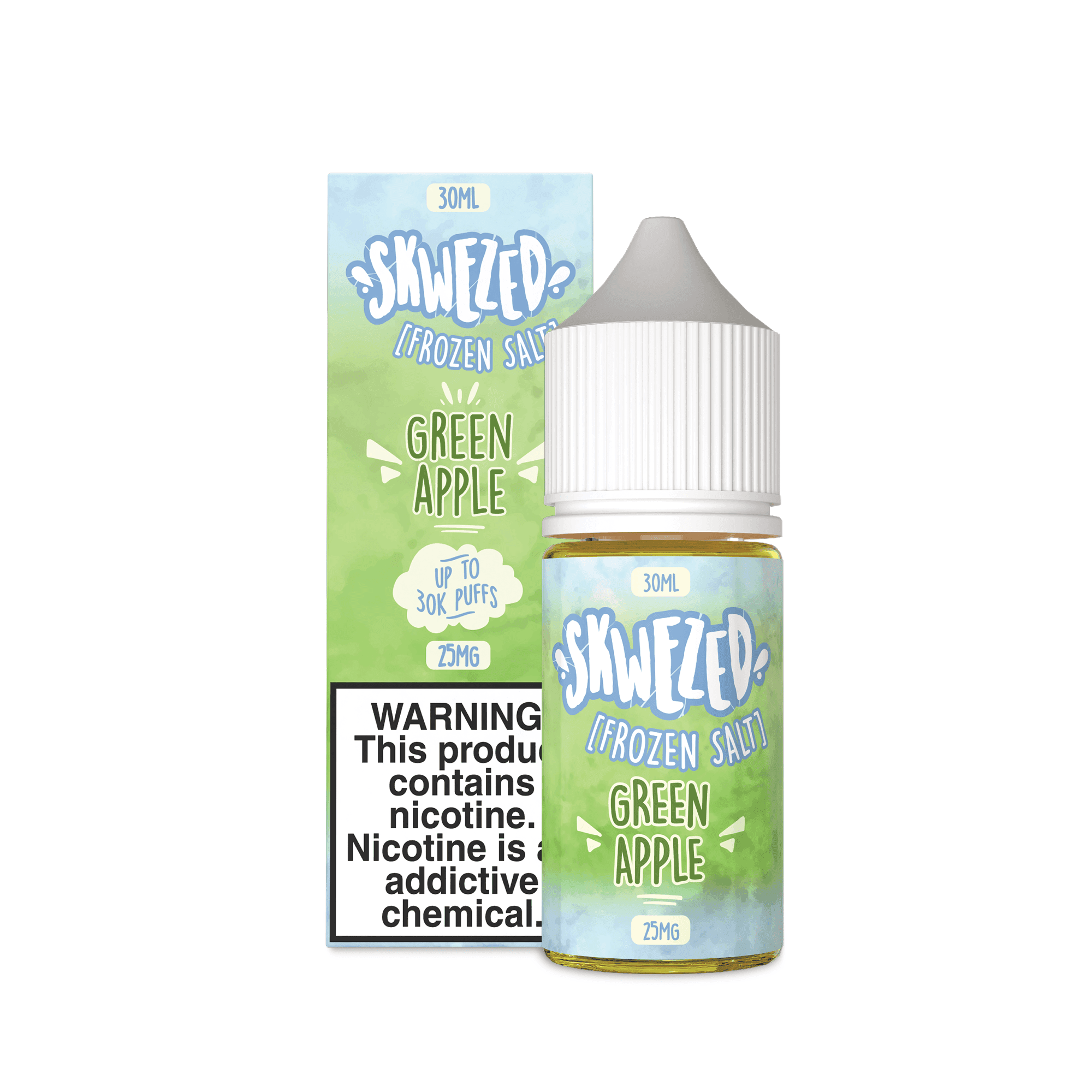 Skwezed Green Apple nicotine salt e-liquid bottle with icy green apple flavor in a 30ml bottle.