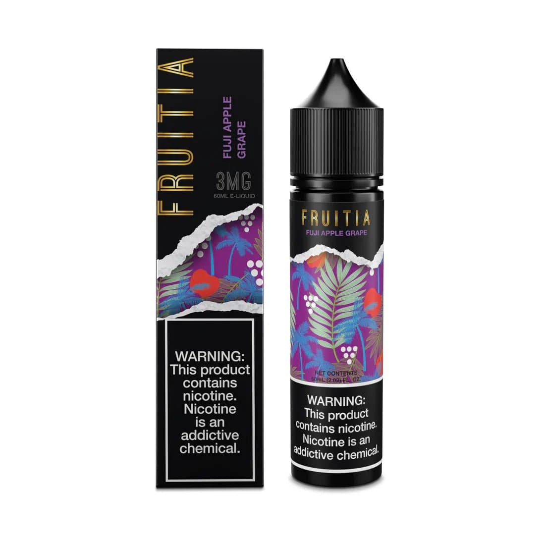 Fruity e-liquid bottle featuring Fuji Apple Grape flavor from Fruitia, 60mL, with colorful label and cap.