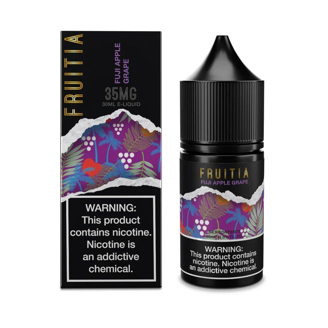 Fruitia Fuji Apple Grape salt e-liquid bottle, 30mL, with colorful label featuring ripe apples and grapes on the packaging.