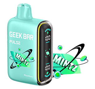 Geek Bar Pulse 15K disposable vape in black with mint flavor, featuring sleek design and compact handheld size.