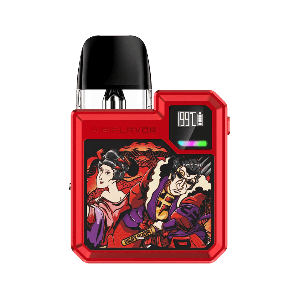 GeekVape Digiflavor Digi-Q Pod System hardware showing compact design and mouthpiece, with textured body and branding visible.