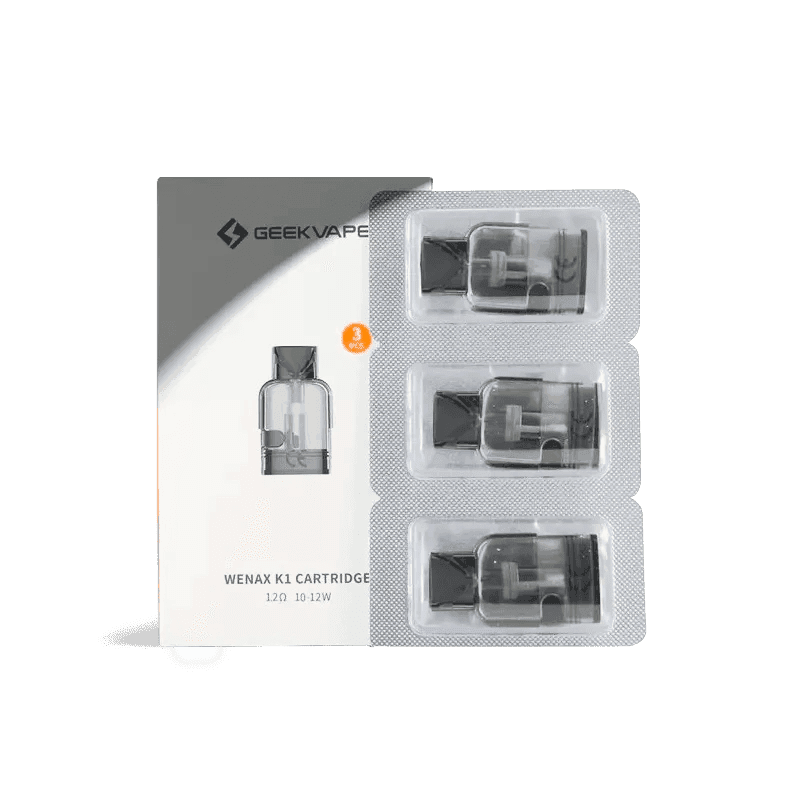 GeekVape Wenax K1 replacement pods for vaping device, showing sleek, clear hardware components and mouthpiece design.