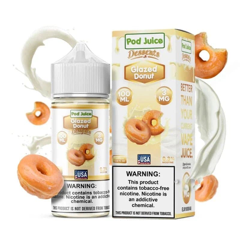 Glazed Donut Pod Juice e-liquid bottle, 100mL, with a colorful label featuring a glazed donut illustration.