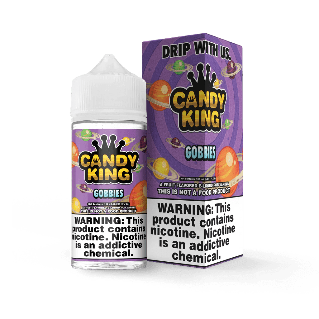 Gobbies Candy King 100mL e-liquid bottle with colorful label, perfect for vape enthusiasts seeking sweet candy flavor.