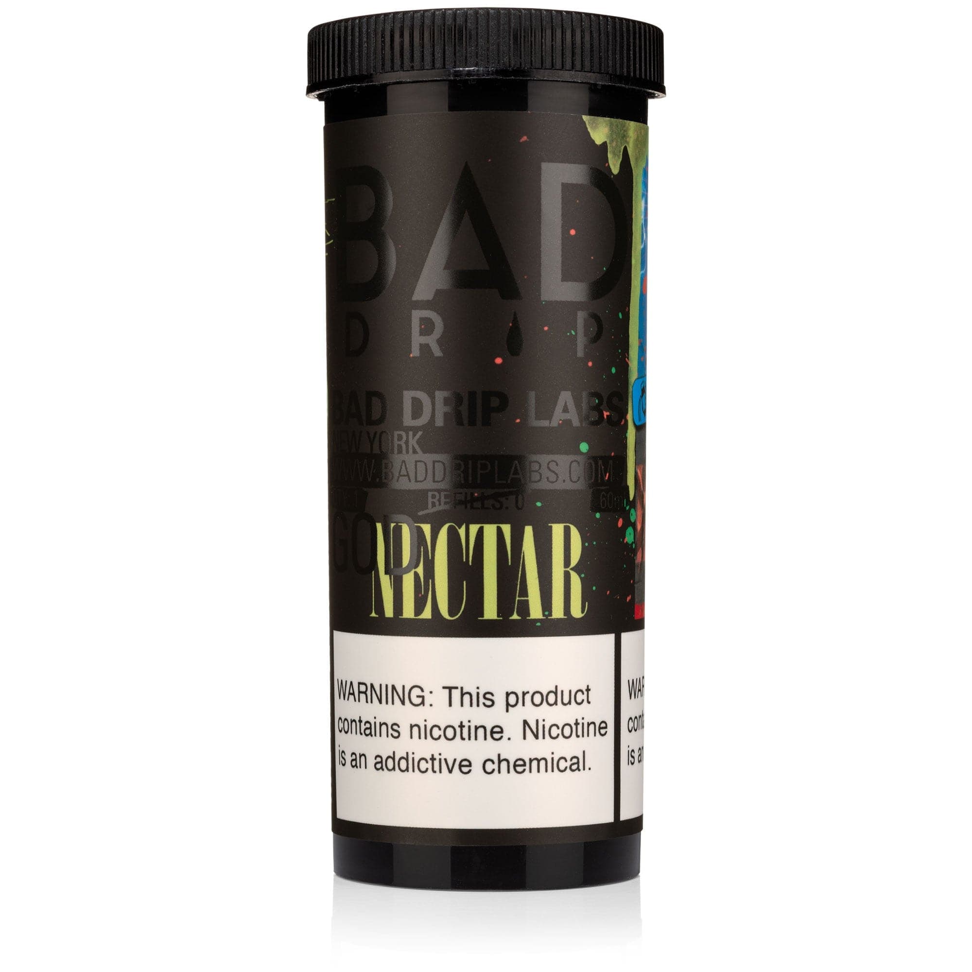 Bottle of God Nectar SALT e-liquid by Bad Drip Labs in 30mL size, featuring vibrant orange and yellow branding on the label.