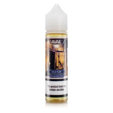 Gold Rush AVAIL Vapor 60mL e-liquid bottle with gold-colored label and packaging, featuring vibrant design and branding.