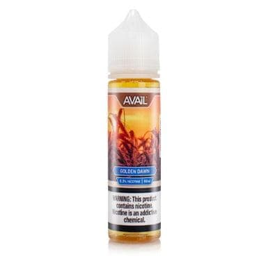 Golden Dawn AVAIL Vapor E-liquid bottle with a golden label, 60mL size, featuring colorful branding and clear plastic bottle.