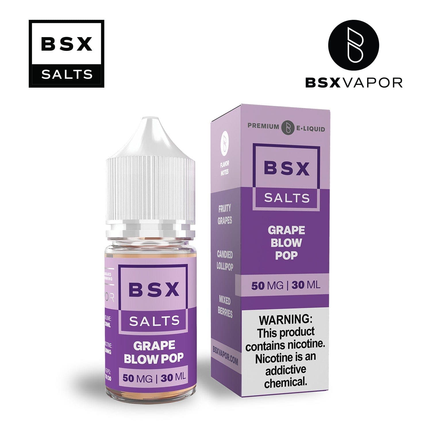 Grape Blow Pop salt e-liquid by BSX Vapor in 30mL bottle, fruity grape flavor with candy notes, for use in vape devices.