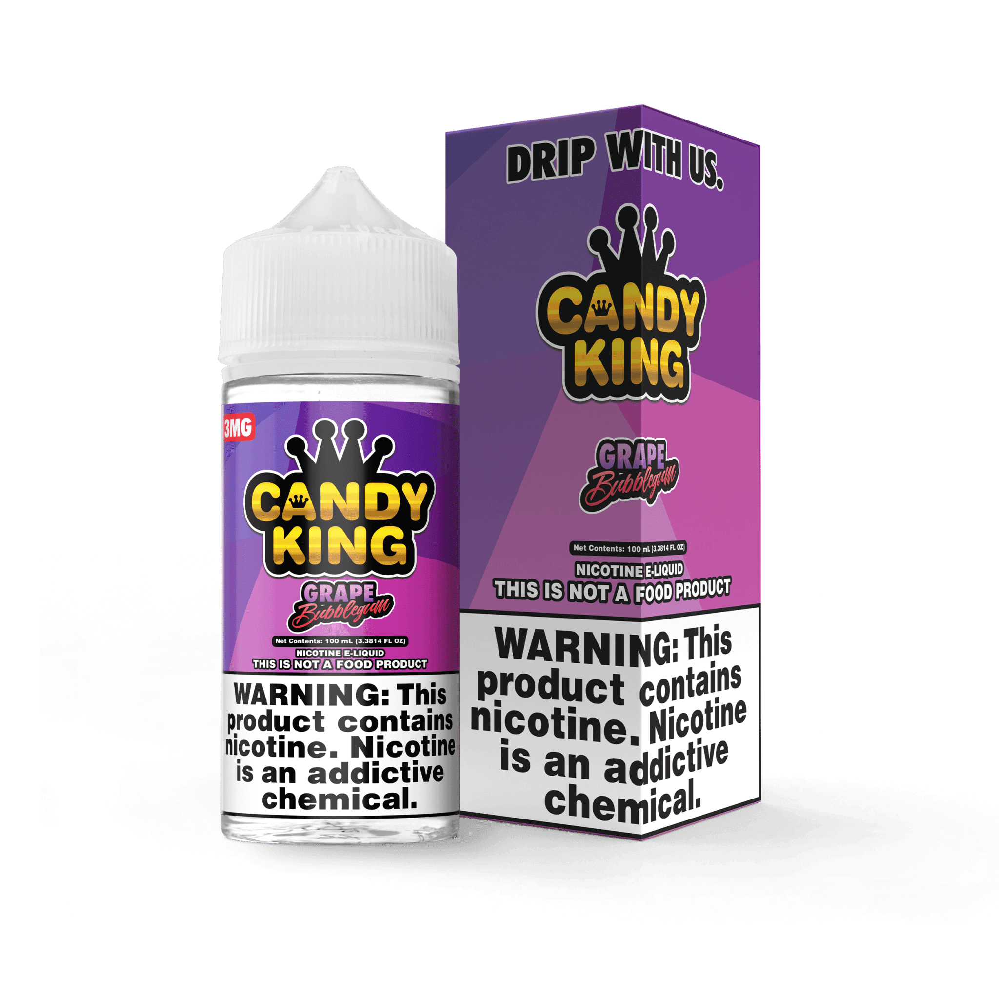 Grape Bubblegum e-liquid by Candy King in 100mL bottle, vibrant purple grape and bubblegum flavor with colorful packaging.