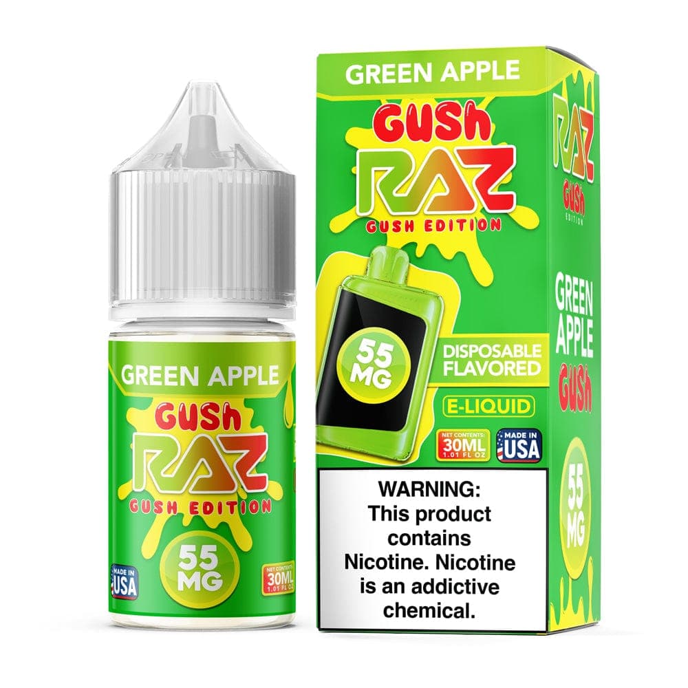 Green Apple GUSH SALT e-liquid by Pod Juice x Raz, 30mL vape juice with fresh green apple flavor and salt nicotine content.