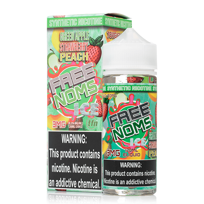 Green apple, strawberry, and peach ICE e-liquid by Nomenon E-Liquids in a 120mL bottle, vibrant fruit flavor blend.