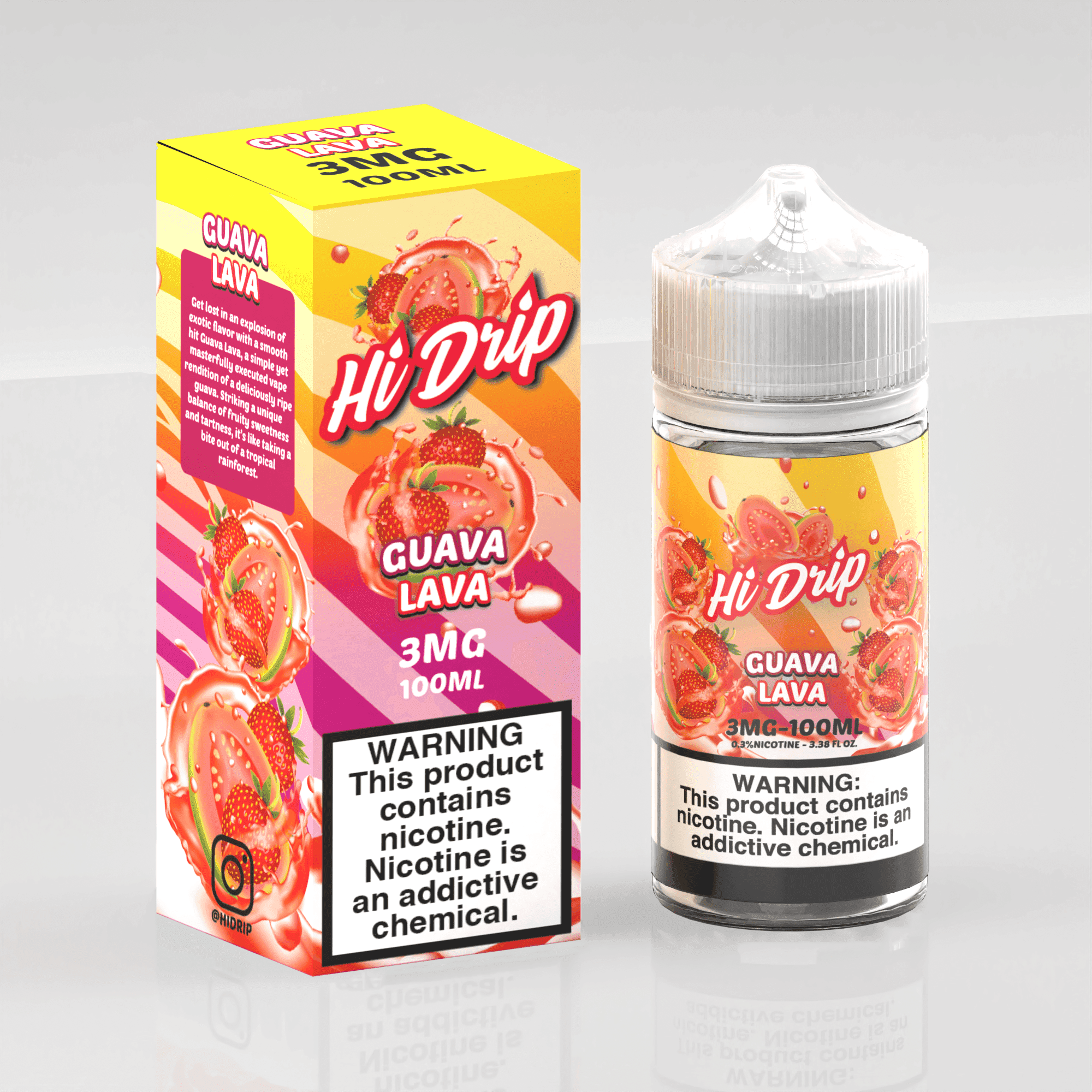 Bottle of Guava Lava Hi Drip e-liquid in 100mL bottle with colorful label, showcasing vibrant guava flavor for vaping enjoyment.