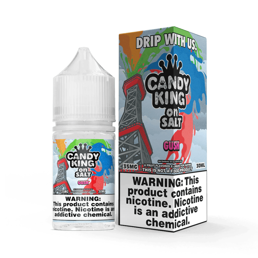 Gush SALT Candy King E-liquid 30mL bottle with colorful label, featuring fruity and sweet flavor branding.