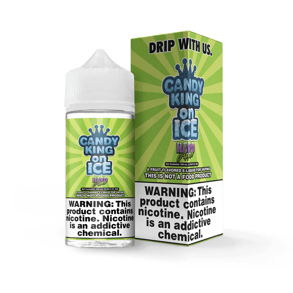 Bottle of Candy King Hard Apple on ICE e-liquid in 100mL bottle with vibrant label featuring green apple and icy design.