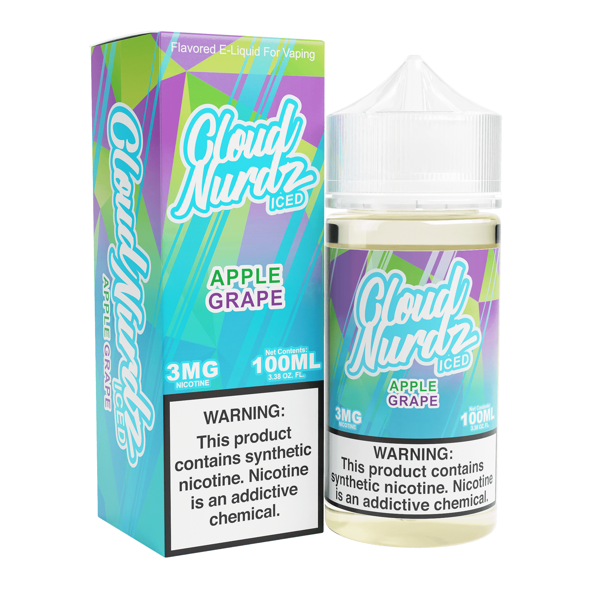 Iced Apple Grape Cloud Nurdz e-liquid 100mL bottle with vibrant label featuring apple and grape flavors and icy design.