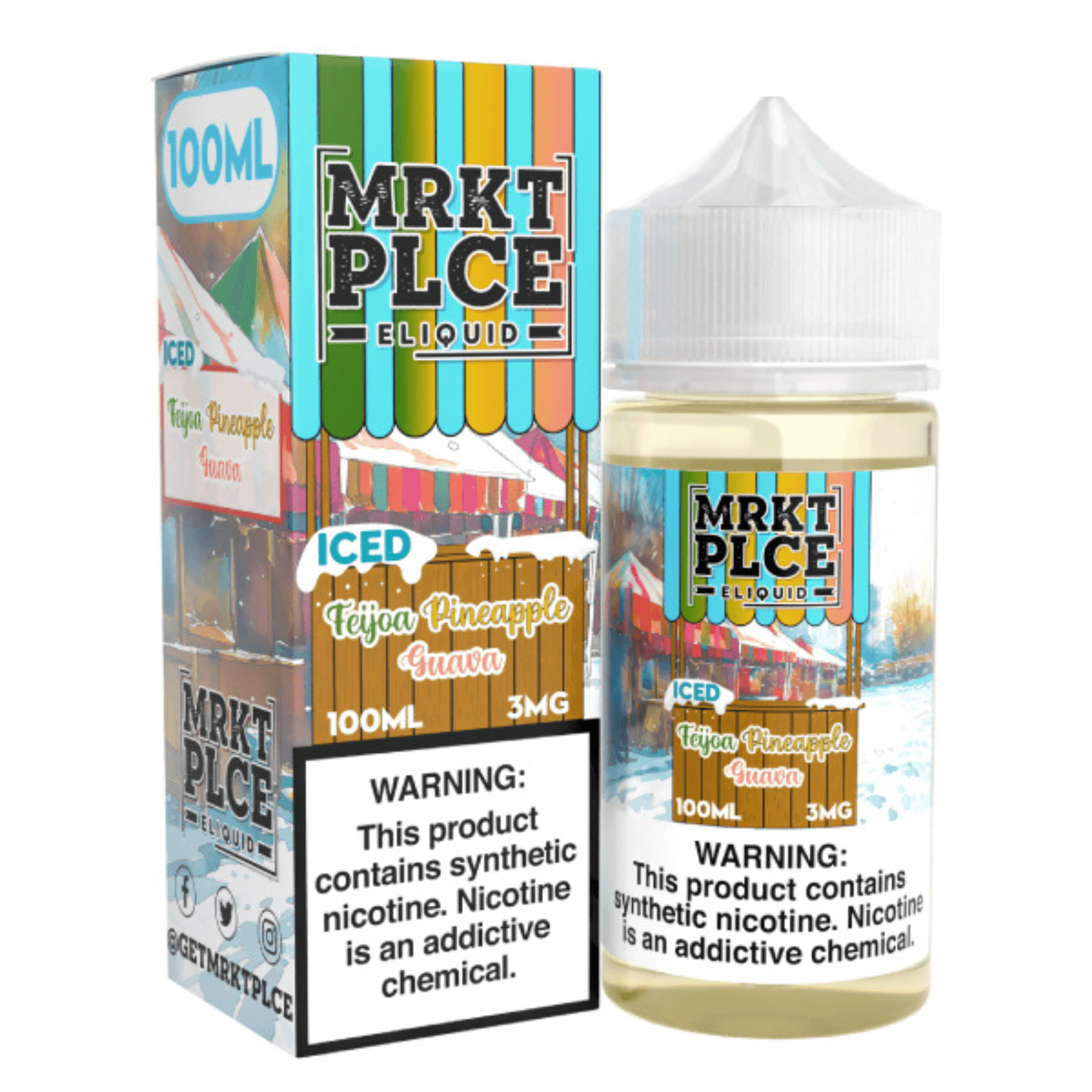 Iced Feijoa Pineapple Guava MRKT PLCE e-liquid bottle, 100mL, with colorful label and flavor imagery.
